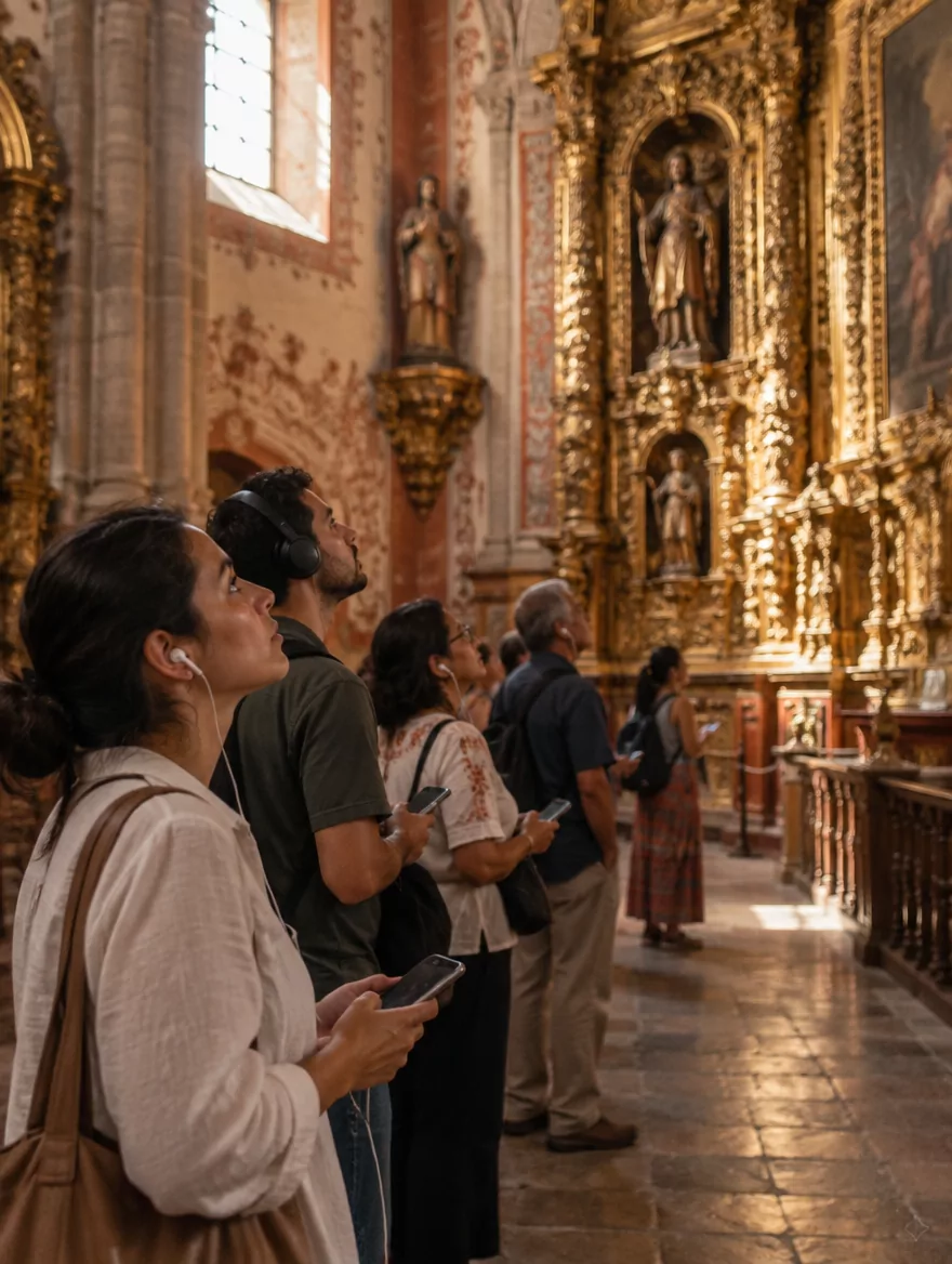 Visitantes recorren el interior de un templo barroco con audífonos, mirando el retablo dorado