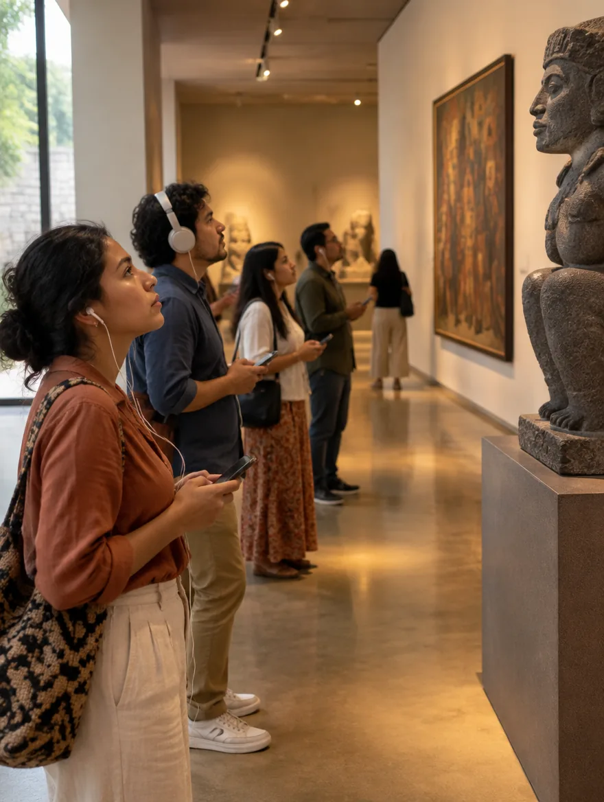 Visitantes con audífonos y el teléfono en la mano observan una escultura de piedra en una sala de museo