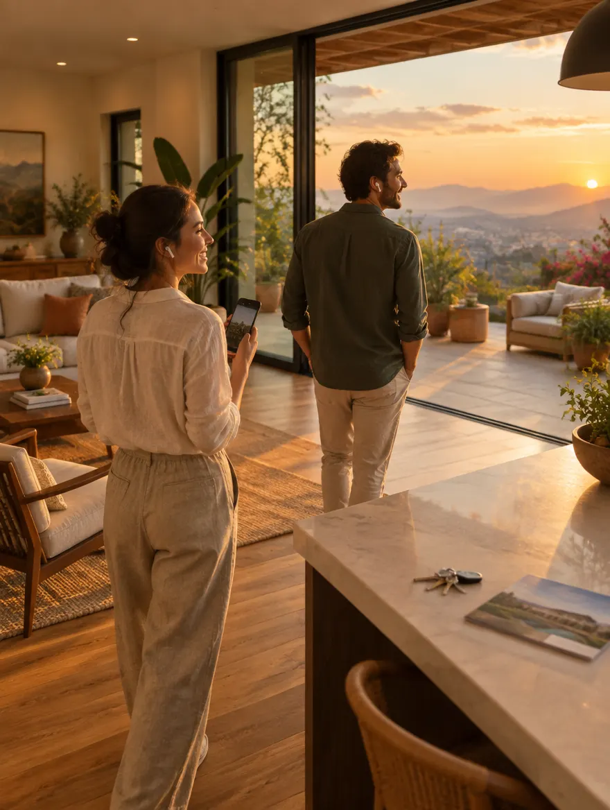 Una pareja recorre sola una casa en venta con audífonos; ella escucha en el teléfono y él se asoma a la terraza al atardecer