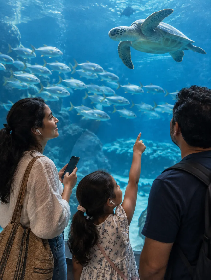 Una familia con audífonos frente al gran tanque de un acuario; la niña señala una tortuga marina que pasa sobre un cardumen